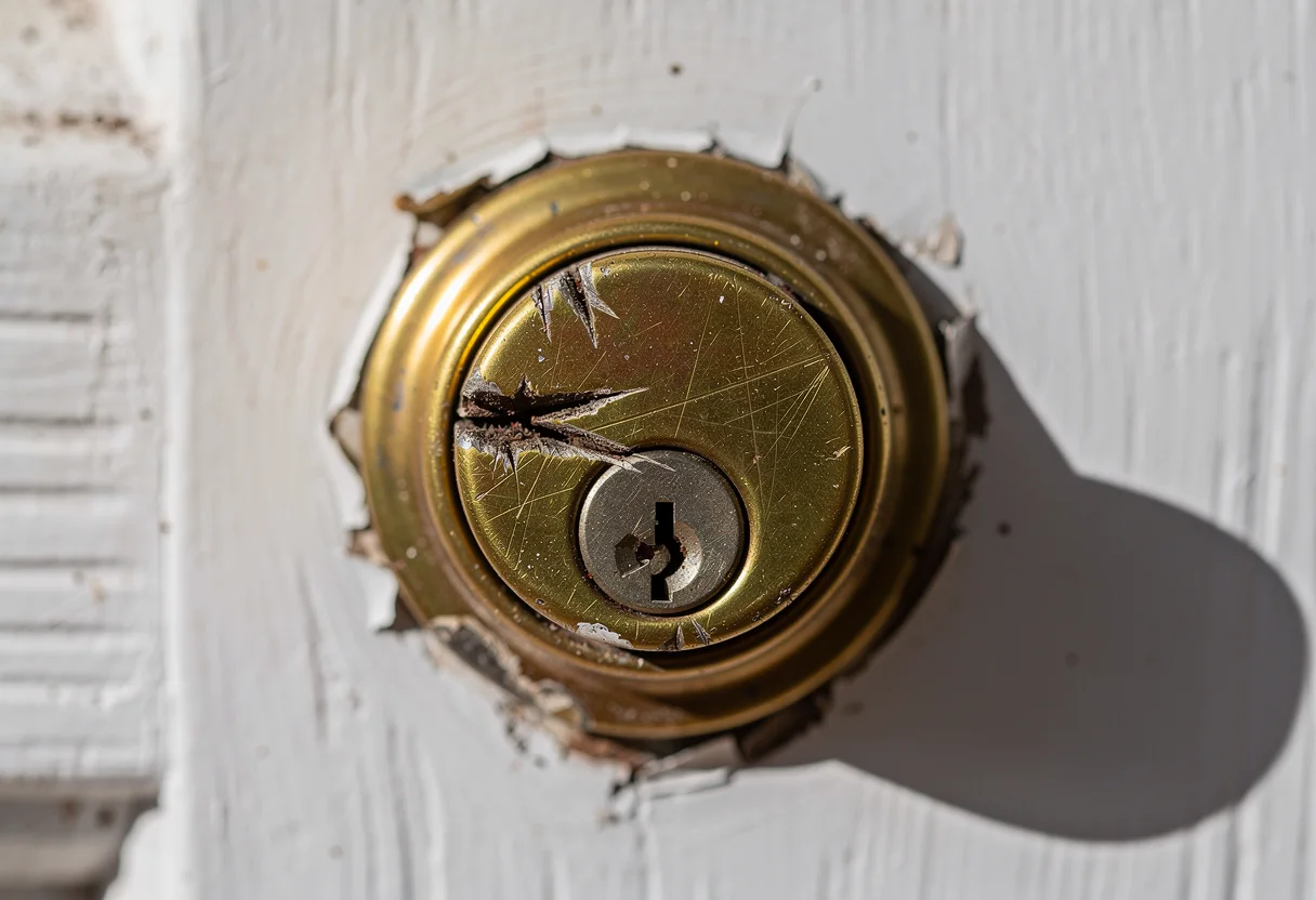 Ancienne serrure usée avec marques d'effraction